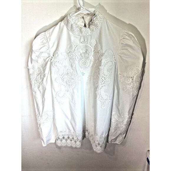Zara Combined Poplin Cotton Blouse Top Puff Sleeve Crochet Lace Mock Neck XS - Picture 3 of 12